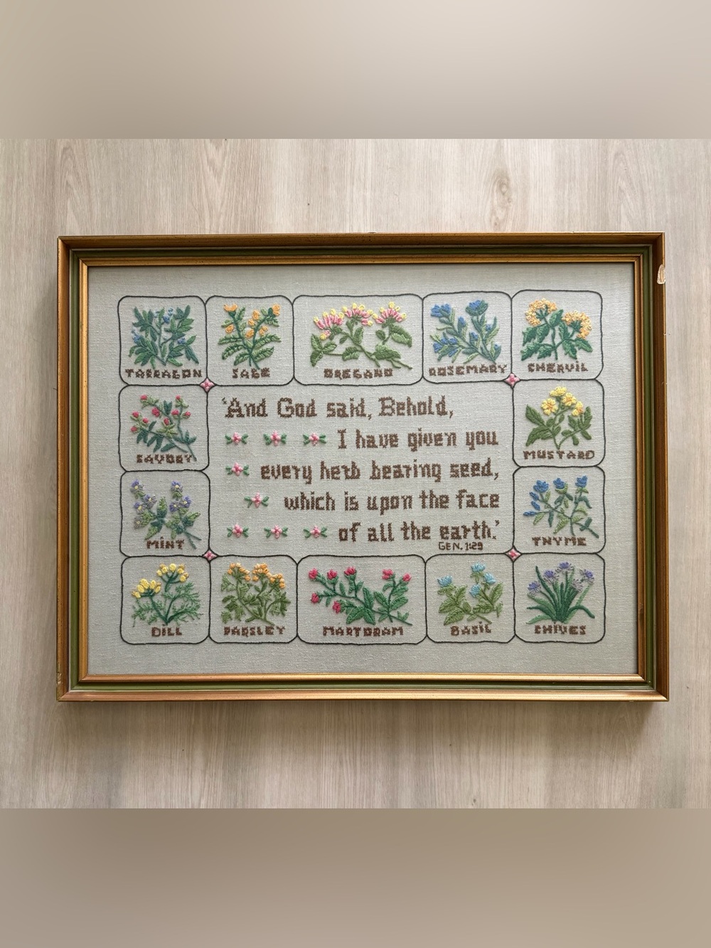 Vintage Framed Crewel God & Herb Sampler *See Pics